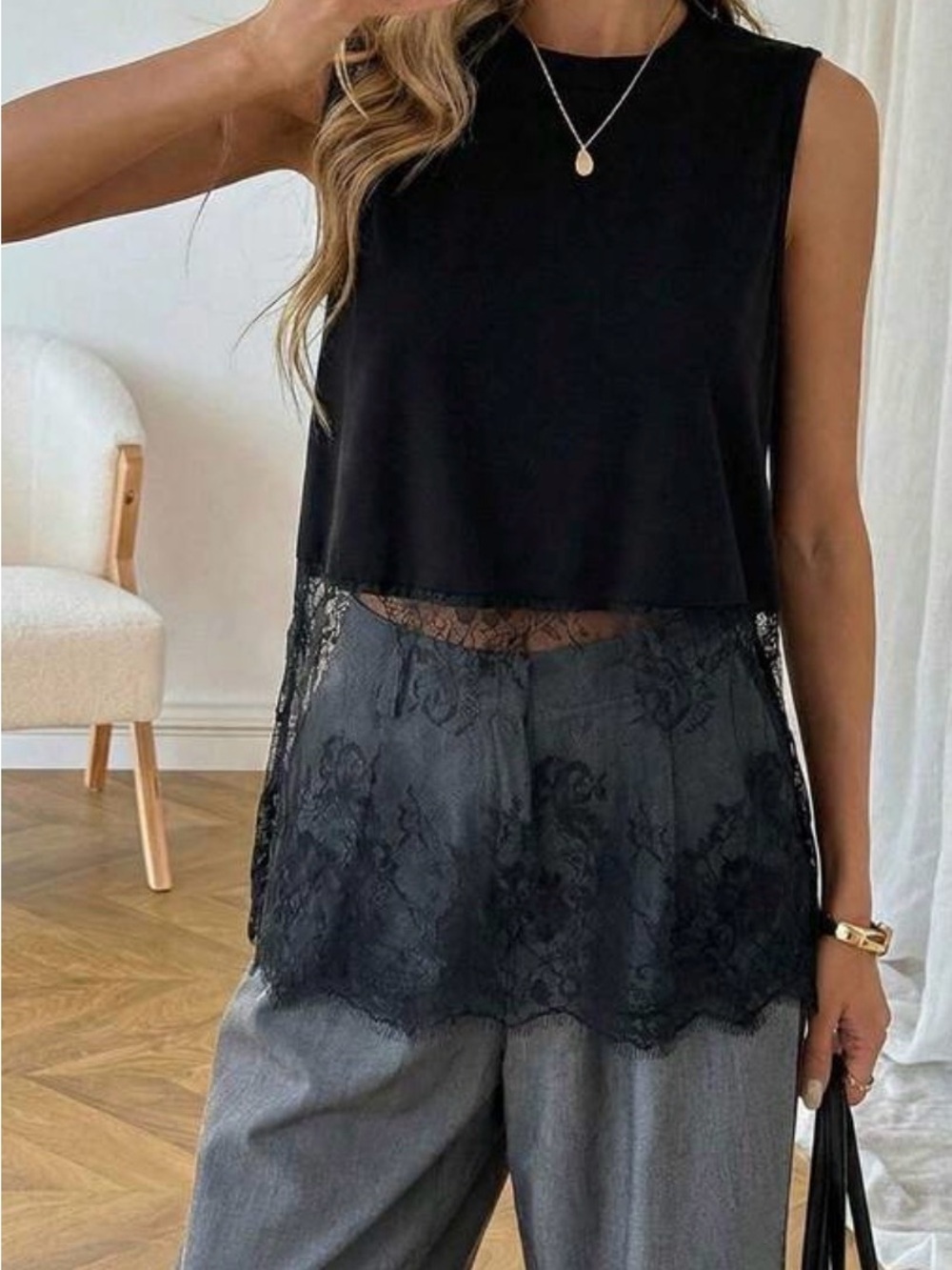 NEW Black Sleeveless Lace-Hem Layered Top